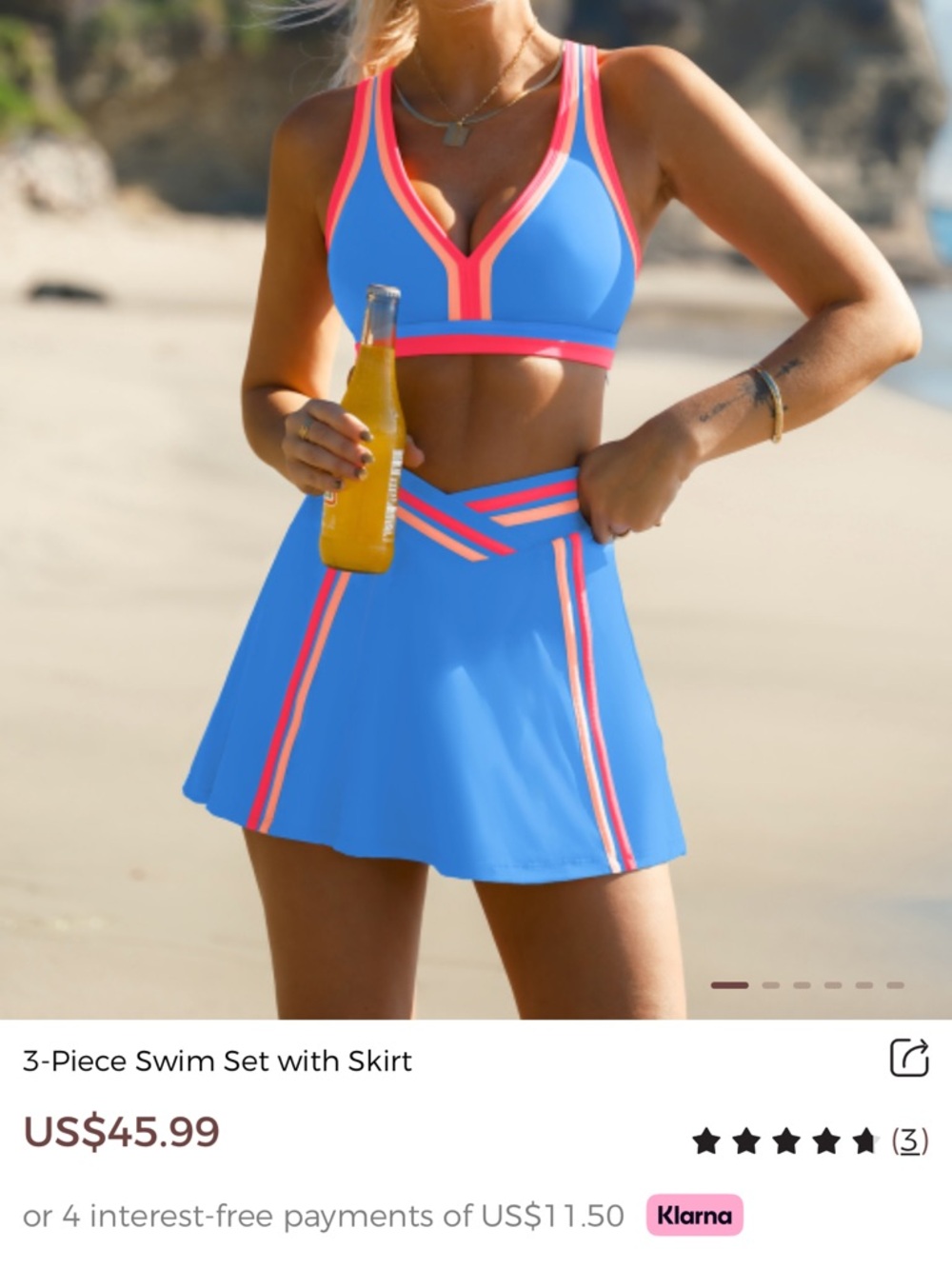 Blue High-Waist Two-Piece Swim Set with Coral Trim - Picture 7 of 8